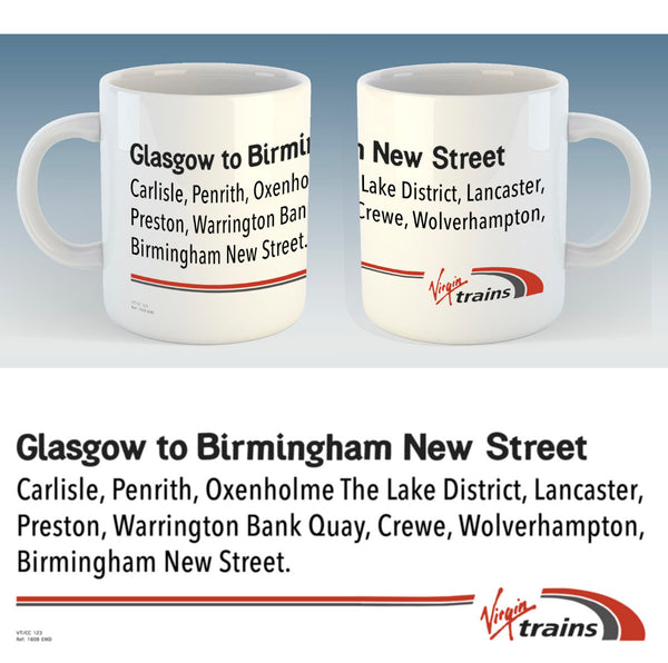 Window Label Style Railway Mug - Virgin Trains Glasgow to Birmingham New Street (Logo Bottom)
