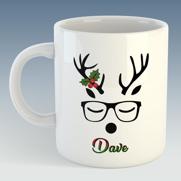 Stag with Holly or Poinsettia Christmas Mug - PERSONALISED