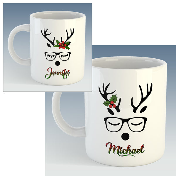 Stag with Holly or Poinsettia Christmas Mug - PERSONALISED